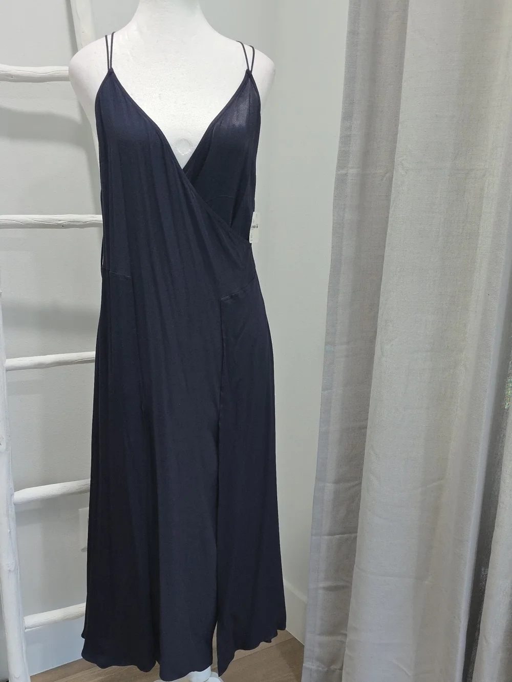 Free People Elegant Strappy Back Navy Satin Panel Super Flowy Slip Dress - Picture 3 of 12